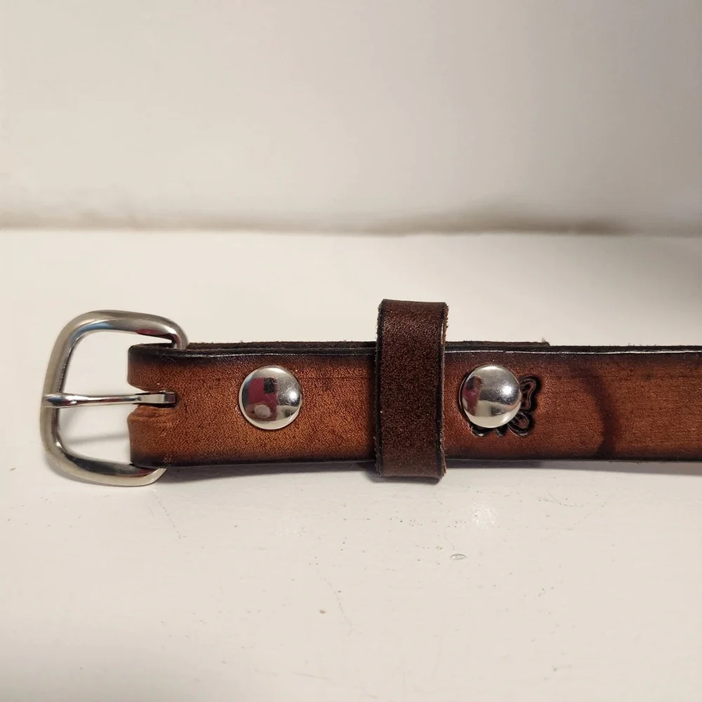 Women's Heart & Butterfly Stamped Brown Leather Belt Size 28
